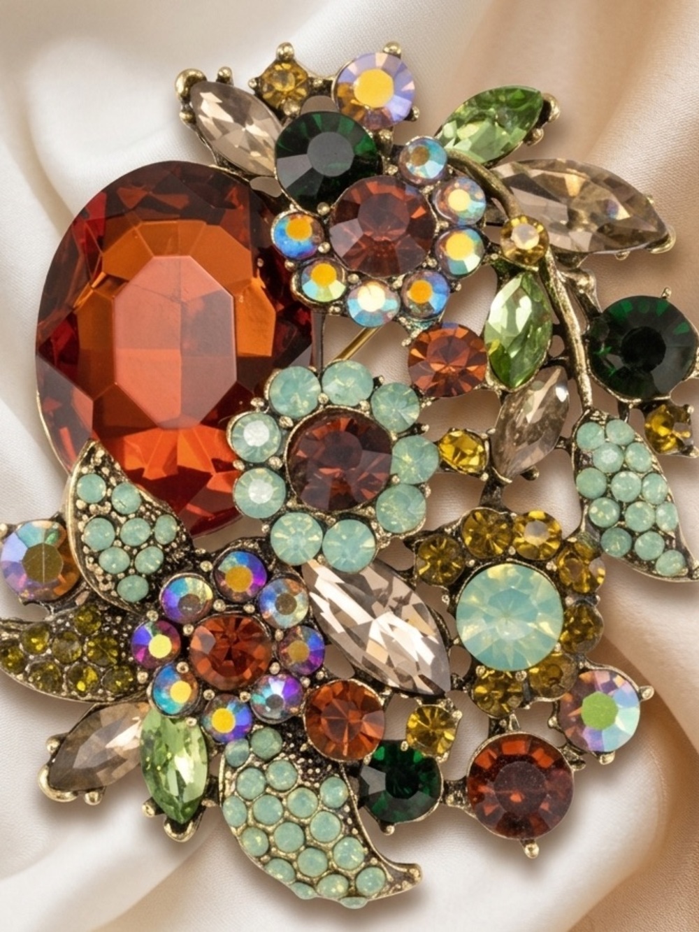NEW! Gold-Tone Multicolor Floral Crystal Brooch - Green, Amber & Aqua